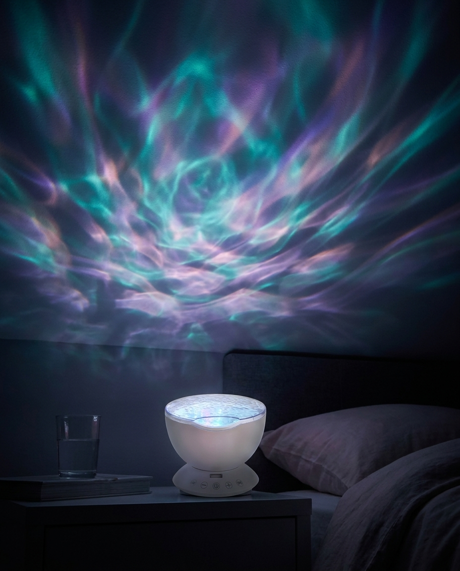 Aurora light effect on bedroom ceiling from Lumora projector