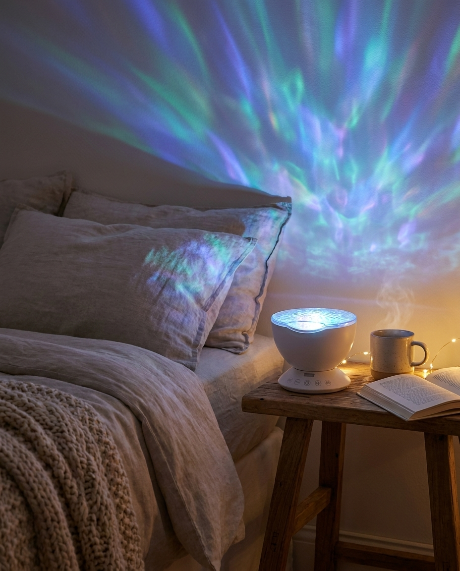 Lumora Aurora Projector in a cozy bedroom lifestyle scene