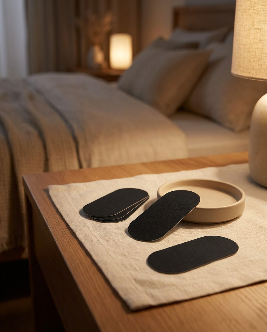 Lumora Sleep Tape gentle mouth strips on a linen nightstand in a warm cozy bedroom