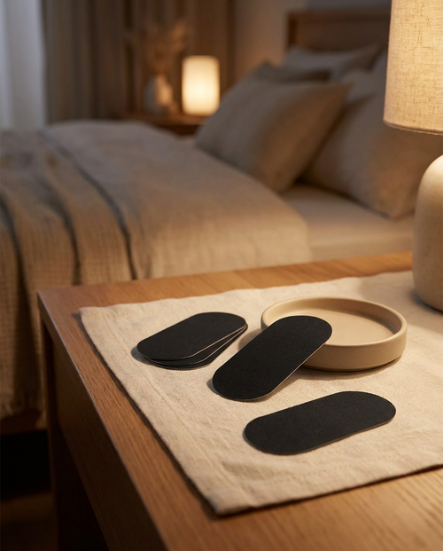 Lumora Sleep Tape gentle mouth strips on a linen nightstand in a warm cozy bedroom