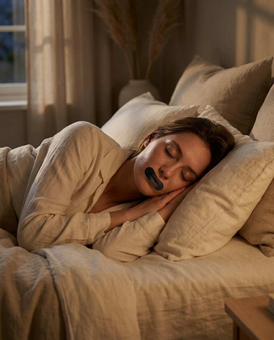 Woman sleeping calmly with Lumora Sleep Tape supporting quiet nasal breathing